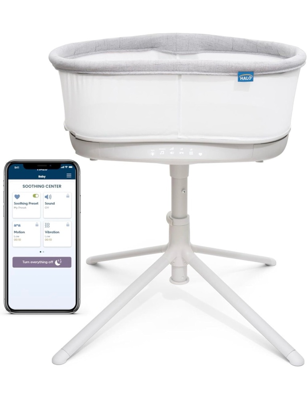 Halo Smart Bedside Bassinet in White and Gray